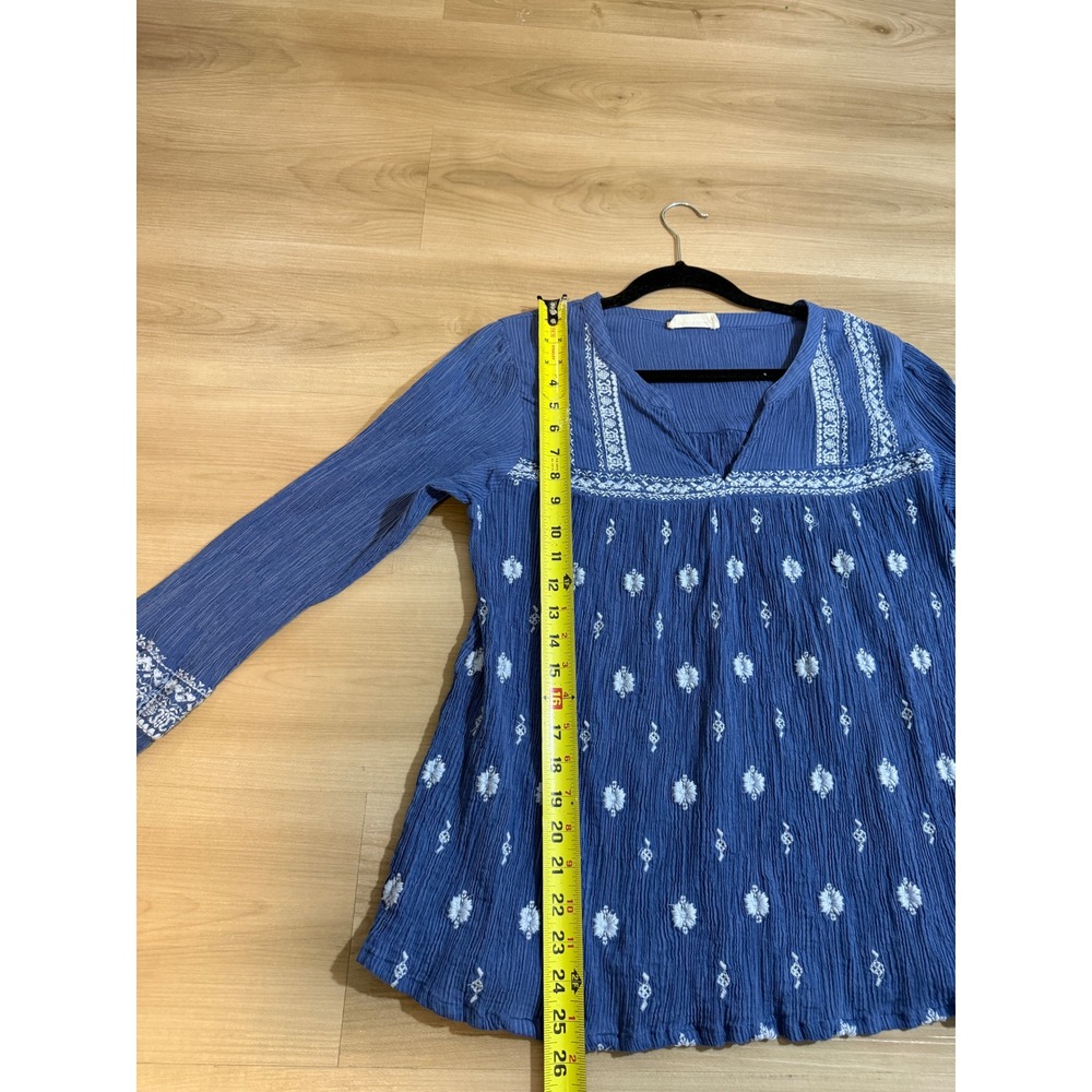 Lucky Brand Embroidered Peasant Top Blue L Womens Popover Boho Gauze Blouse - Picture 3 of 14